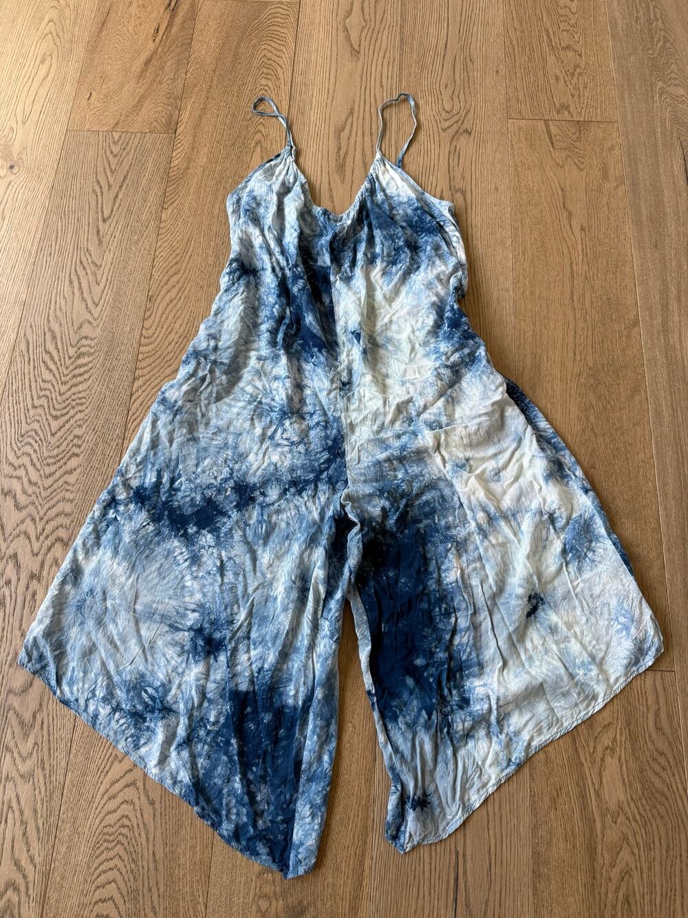 Lovestitch Blue White Tie Dye Wide Leg Handkerchief Hem Jumpsuit Sz S